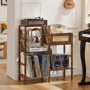LELELINKY Suporte para toca-discos, suporte vintage de madeira marrom com armazenamento de vinil, comporta até mais de 300 álbuns, mesa de mídia de vime de 3 camadas com prateleira de exibição de (Equipamentos)