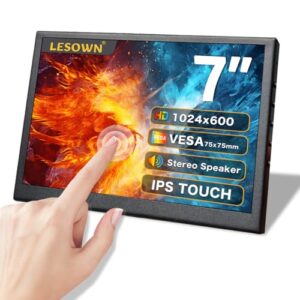 LESOWN Monitor portátil IPS sensível ao toque de 7 polegadas com alto-falantes duplos, conector de áudio, capa de metal capacitiva para tela sensível ao toque 1024 x 600, tela de computador HDMI USB (CDs)