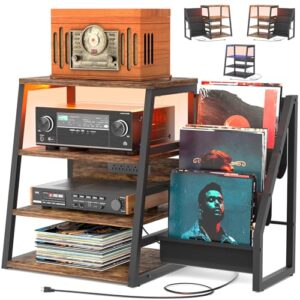Suporte de mídia AV com tomadas, suportes estéreo e prateleiras com armazenamento de vinil, suporte estéreo com armazenamento de discos, gabinete de rack estéreo de áudio, suporte de console de (Equipamentos)