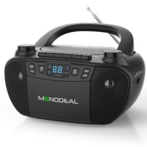 MONODEAL Boombox CD e leitor de cassete, leitor de CD Boom Box, rádio AM FM, leitor de fita cassete portátil multifuncional com Bluetooth, gravação em fita, USB/AUX, alimentação AC/DC, conector de (CDs)