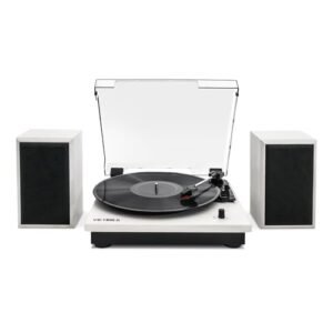 Victrola Montauk toca-discos de vinil, acabamento em madeira natural, toca-discos acionado por correia de 3 velocidades com par de alto-falantes Bluetooth estéreo, saída RCA e conector de fone de (Equipamentos)