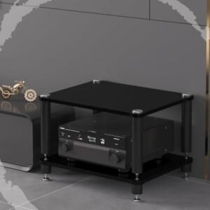 SHACNGI Suporte de mídia de 3 níveis - Torre de áudio de madeira para HiFi, toca-discos e armazenamento estéreo, prateleira de console de mídia para componentes AV (preto, 2 camadas, 60 x 48 x 40 cm) (Equipamentos)