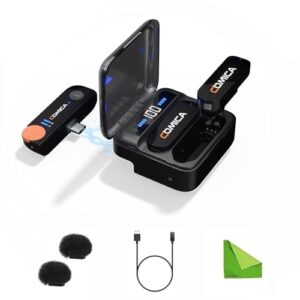 comica Vimo S-UC Professional Microphone,Wireless Lavalier System TX+TX+RX for Android & Video Recording,Interview and Vlogging,2.4G Dual-Channel Recording with Charging Case Black (CDs)