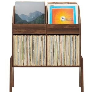 Crosley Furniture Luna Mid-Century Suporte moderno de armazenamento de discos de vinil, compartimentos virados para frente para discos, nogueira (Equipamentos)