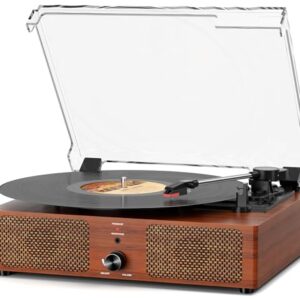 Toca-discos de vinil Bluetooth com alto-falantes integrados e toca-discos fonógrafo vintage acionado por correia USB, reprodutor LP de 3 velocidades, suporta reprodução e gravação USB AUX-in, saída de (Discos de Vinil)