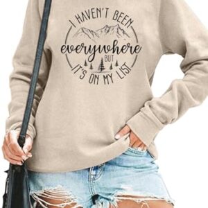 RMTXCD Moletom feminino "I Haven't Been Everywhere But It's On My List", pulôver de manga comprida para acampamento engraçado, Damasco, M (CDs)