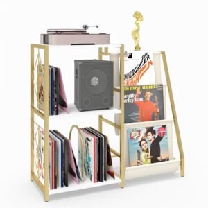 INHABIT UNION Suporte para toca-discos com armazenamento de discos de vinil, suporte de toca-discos com armazenamento de discos de vinil de 3 camadas, prateleira para sala de estar e quarto, dourado (Equipamentos)