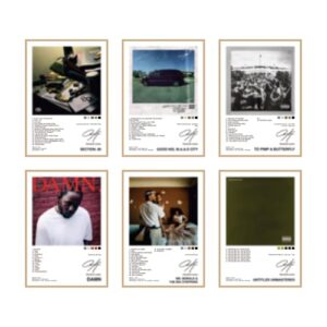 CodersParadise Cartazes de álbum de música Kendrick Lamar de papel - Pacote com 6 | 20 x 30 centímetros (tamanho A4) | Pontos de cola incluídos | Arte de parede estética para quarto, sala de estar e (CDs)