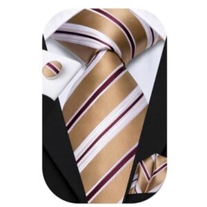 Dubulle Conjunto de gravata masculina listrada Paisley e abotoaduras de lenço para homens, casamento, negócios, formal, Champanhe dourado vinho, M (Vinhos)