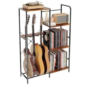 HavenlyYouth Suporte de guitarra com suporte para toca-discos 213 cm A, prateleira de 3 níveis para amplificador e armazenamento de discos de vinil, suporte de guitarra para 3 guitarras Home Music (Equipamentos)
