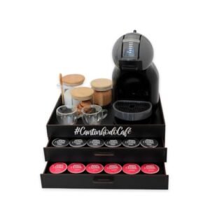 BOXFAN Bandeja com porta cápsulas para cantinho do café, comoda 2 gavetas, compatível com dolce gusto, porta 48 cápsulas em mdf, organizador preta decorativa (Café)