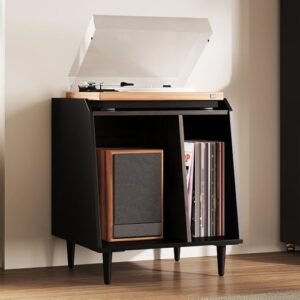 Rresyet Suporte para toca-discos com armazenamento de vinil, suporte para discos de vinil com prateleiras divididas ajustáveis, pernas de metal para sala de música e sala de estar (Equipamentos)