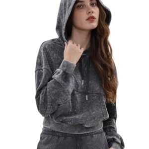 Xintianji Moletom feminino com capuz Aicd Wash manga longa pulôver desbotado vintage, Preto, G (CDs)