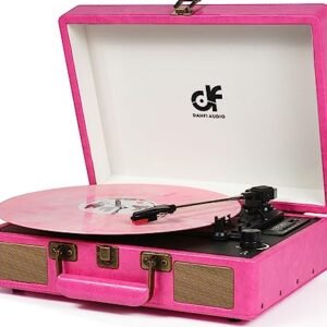 Toca-discos vintage Bluetooth com alto-falantes embutidos, toca-discos portátil de 3 velocidades com gravador de áudio de vinil USB RCA e entrada de fone de ouvido (rosa) (Equipamentos)