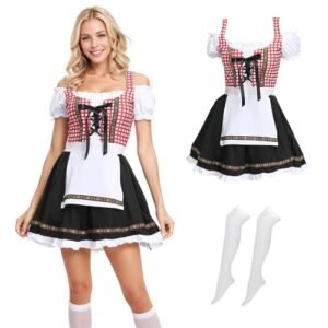 Fantasias femininas da Oktoberfest, vestidos Dirndl, vestido alemão com meias, festival da Oktoberfest, fantasia de Halloween bávara, cerveja, carnaval (vermelho, 2GG) (Cervejas)