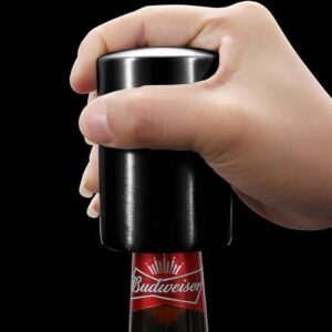 Abridor de garrafa de cerveja automático premium (preto), 1 peça de aço inoxidável, abridor de garrafa de cerveja automático sem danos com apanhador magnético de tampa, bar doméstico, cozinha, homem (Cervejas)