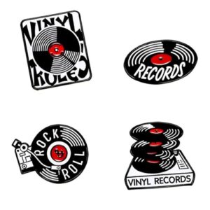 4 peças de pinos esmaltados de disco de vinil vintage - acessórios para amantes de música retrô, broches e alfinetes de lapela para jaquetas, bolsas, jeans, presente para entusiastas da música (Discos de Vinil)