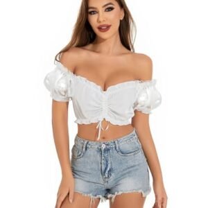 Stciqok Blusa feminina alemã Dirndl bávara Oktoberfest fantasia festival de cerveja jardim de cerveja manga curta camisas brancas Dirndl tops cropped (branco-8, 2GG) (Cervejas)