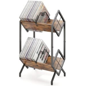 RUILALIFE Suporte de armazenamento de disco de vinil de 2 camadas com divisórias, armazenamento de álbum de metal para exibição de discos de vinil, suporte de prateleira vintage 160-200 LP (marrom (Equipamentos)