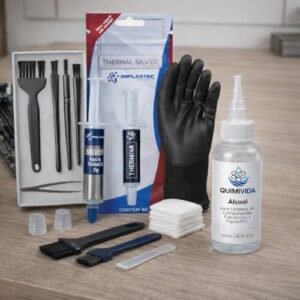 Kit Premium: Limpeza DE PC Anti Estático Esd Pincel Escova Luvas + Pasta térmica Silver Seringa 5G Prata + Álcool 120ml + 20 Lenços de limpeza (Equipamentos)