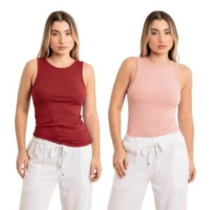 Kit 2 Regatas Femininas Blusinha Casual Liée Malha Canelada (BR, Alfa, GG, Regular, Vinho/Rose) (Vinhos)