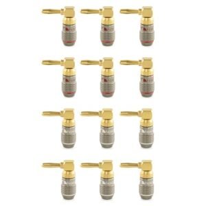 Nakamichi FanLock Série Excel plug banana em ângulo reto (90°), banhado a ouro 24k, 10 AWG–18 AWG, 4 mm, para caixas acústicas, amplificador Hi-Fi e home theater. Conector rápido, 12 Peças (6-Pares) (Equipamentos)