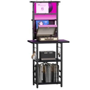 YAKANJ Suporte para toca-discos com luz LED, mesa de toca-discos com armazenamento de vinil, suporte para toca-discos com suporte de vinil prateleira de exibição para sala de música estúdio, preto (Equipamentos)