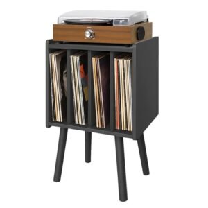 Suporte para toca-discos, mesa de armazenamento de discos de vinil com 4 armários, suporte moderno para toca-discos de meados do século, mesa organizadora de vinil para quarto e sala de estar (preto) (Equipamentos)