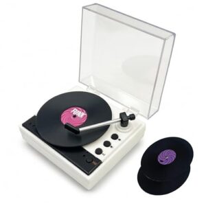 Toca-discos retrô minúsculo com função de gravação, 3 mini discos, reprodução de rotação automática, alimentação USB-C ou AAA, alto-falante de 3 W embutido, presente decorativo para mesa (Equipamentos)
