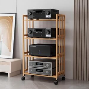 Rack de áudio móvel com prateleira ajustável, suporte de mídia AV de 4 camadas para toca-discos, armazenamento de componentes estéreo, centro de entretenimento marrom (Equipamentos)