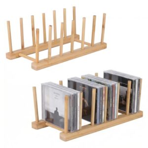 Gdfjiy 2 peças de suporte de CD, suporte de CD de bambu para armazenamento de DVD, organizador de CDs, comporta até 18 caixas de CD para armazenamento de prateleira de mídia e organização para bancada (CDs)
