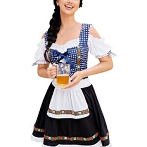 GloryStar Vestido feminino alemão Dirndl tradicional bávaro, peça única, cerveja, jardim, fantasia Oktoberfest, Uma peça azul xadrez cinza, M (Cervejas)