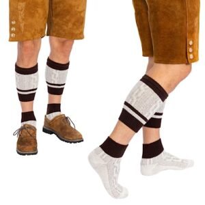 Bavaria Trachten Lederhosen Meias masculinas – Alemão Oktoberfest Meias masculinas – Loferl Bavarian Lederhosen Socks, cano alto, Marrom mesclado branco, P (Cervejas)