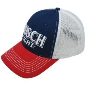 Calhoun Boné Busch Light Trucker – Boné oficial licenciado com logotipo de cerveja – Boné de beisebol de malha snapback vermelho branco azul (Cervejas)