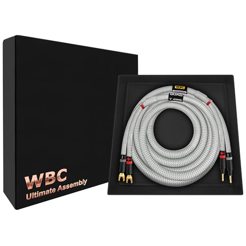 WORLDS BEST CABLES 8 pés Ultimate - 7 AWG - Ultra-Pure OFC - Cabo de alto-falante audiófilo HiFi premium para canal central com plugues Eminence Gold Banana (x2) e Spade (x2) e jaqueta de tweed prata (Equipamentos)