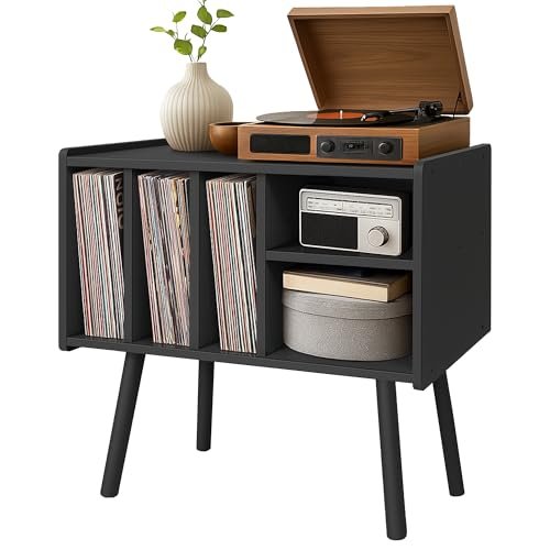 Montex Suporte para toca-discos com armazenamento de vinil, mesa de madeira com 5 armários, suporte grande para toca-discos de vinil, suporte para toca-discos, preto (Equipamentos)