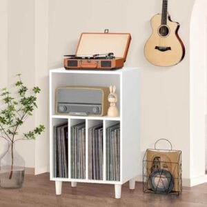 Suporte de áudio e vídeo para toca-discos e armazenamento de vinil - Mesa central de entretenimento para sala de estar com armazenamento de componentes estéreo, perfeita para cantos (Equipamentos)