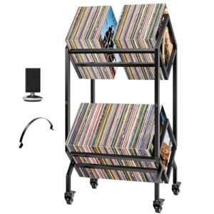 VIVOHOME Rack de Armazenamento de Discos de Vinil, Organizador de Registros de 2 Camadas, Suporte de Exibição de 100-200 Lp para Álbuns, Revistas, Livros, Arquivos de Escritório com Rodízio (Equipamentos)