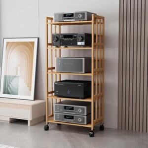 Armário de áudio marrom com prateleiras ajustáveis, suporte de mídia AV móvel sobre rodas, suporte de toca-discos de 4 níveis para componentes estéreo e centro de entretenimento (Equipamentos)