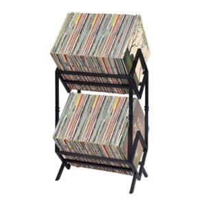 Rack de armazenamento de discos de vinil, porta-discos de vinil 160-200 LP com divisórias, prateleira de exibição de discos de vinil de 2 camadas para revistas, livros, arquivos, álbuns, preto fosco (Equipamentos)