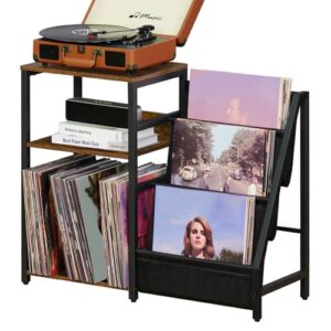 Mesa de canto de 3 níveis, suporte para toca-discos com armazenamento de até 100 álbuns, suporte para toca-discos de vinil, prateleira marrom para sala de estar e quarto (marrom vintage) (Equipamentos)