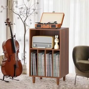 Suporte de áudio e vídeo para toca-discos e armazenamento de vinil - Mesa central de entretenimento para sala de estar com armazenamento de componentes estéreo, perfeita para cantos (Equipamentos)
