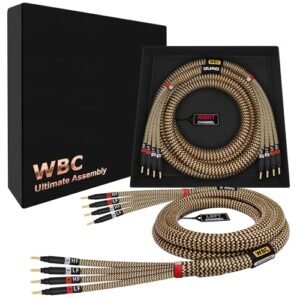 WORLDS BEST CABLES Ultimate de 1,8 m - 12 AWG - Ultra-Pure OFC - Cabo de alto-falante audiófilo HiFi Bi-Amp premium par com plugues banana dourado Eminence e jaqueta de tweed TnBrwn (Equipamentos)