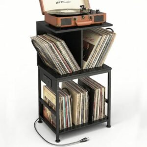 ZEXVIDA Suporte para toca-discos com armazenamento de vinil, grande mesa para gravar 180 álbuns, suporte de armazenamento de discos de vinil com carregador USB, mesa lateral multifuncional e (Equipamentos)