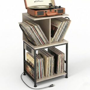 ZEXVIDA Suporte para toca-discos com armazenamento de vinil, grande mesa para gravar 180 álbuns, suporte de armazenamento de discos de vinil com carregador USB, mesa lateral multifuncional e (Equipamentos)