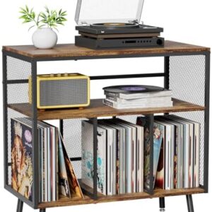 VyGrow Suporte grande para toca-discos, mesa de canto resistente de 3 camadas com armazenamento de discos, prateleira e visor aberto, suporte de toca-discos retrô para sala de estar, quarto (Equipamentos)