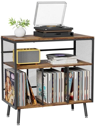 VyGrow Suporte grande para toca-discos, mesa de canto resistente de 3 camadas com armazenamento de discos, prateleira e visor aberto, suporte de toca-discos retrô para sala de estar, quarto (Equipamentos)