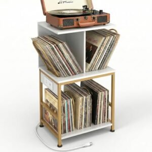 ZEXVIDA Suporte para toca-discos com armazenamento de vinil, grande mesa para gravar 180 álbuns, suporte de armazenamento de discos de vinil com carregador USB, mesa lateral multifuncional e (Equipamentos)