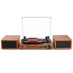 Toca-discos de vinil com alto-falantes, toca-discos portátil Bluetooth para discos de vinil, leitor de LP fonógrafo com 3 velocidades USB RCA em marrom vintage (Equipamentos)