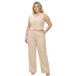 HBD Conjunto Plus Size Feminino com Calça Pantalona e Colete em Alfaiataria, 95% Poliéster 5% Elastano, Decote V, Bolsos Funcionais, Rosa e Vinho (Bege, G2) (Vinhos)